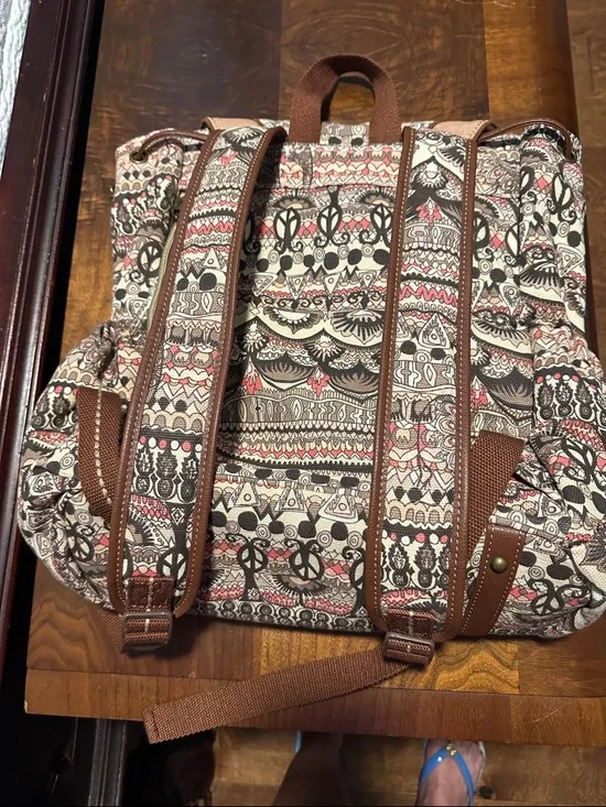 Sakroots Beige & Brown Patterned Canvas Backpack with Pink Accents - Picture 2 of 6